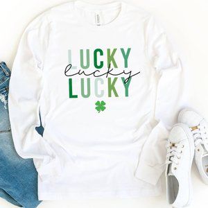 Lucky Lucky Lucky Clover Long Sleeve White T-Shirt